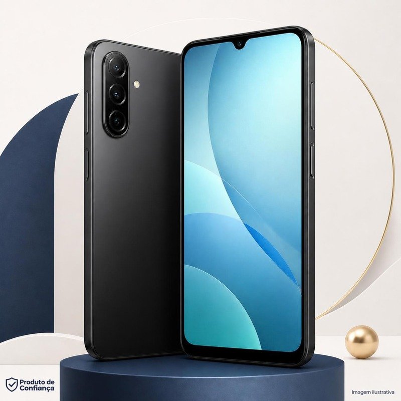 Imagem ilustrativa do Samsung Galaxy A17 preto com a marca Produto de Confiança