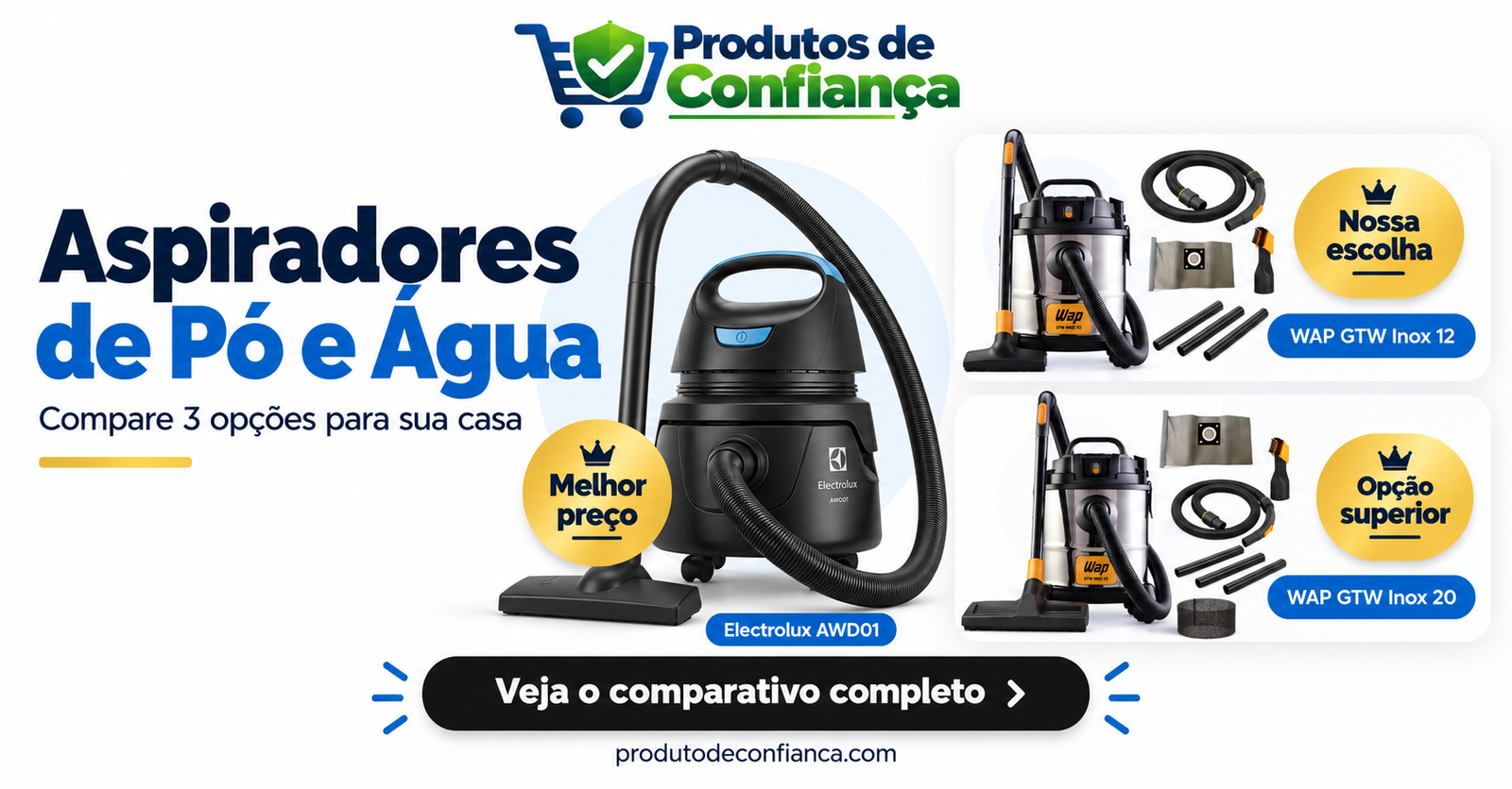 Comparativo de aspiradores de pó e água Electrolux AWD01, WAP GTW Inox 12 e WAP GTW Inox 20