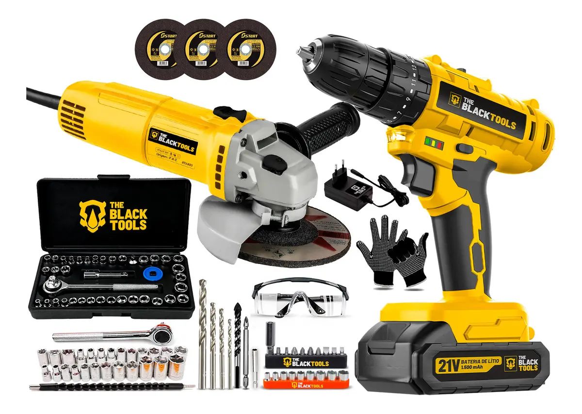 Foto da oferta Opção superior: parafusadeira, esmerilhadeira e jogo de soquetes The Black Tools.